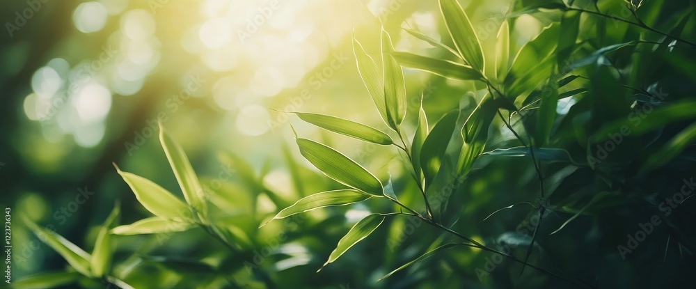 Sunlit bamboo leaves in forest; nature background for wellness Sunlit bamboo leaves in forest; nature background for wellness