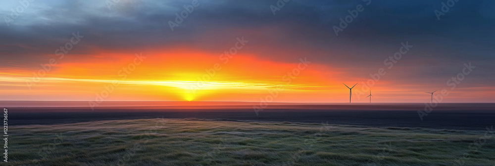 Naklejka premium Aerogeneradores en un campo al atardecer, energía sostenible.