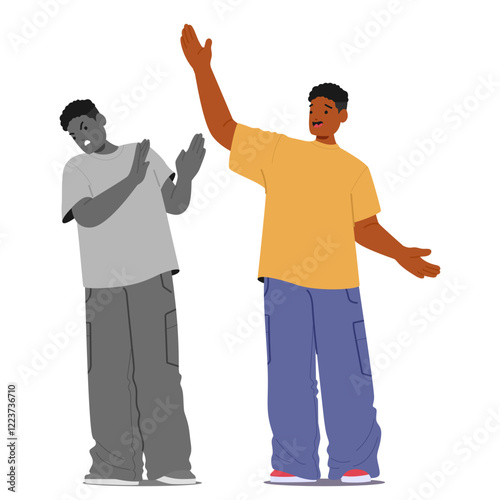 Friendly teenage boy character masking natural negative emotion under positivity and amiability