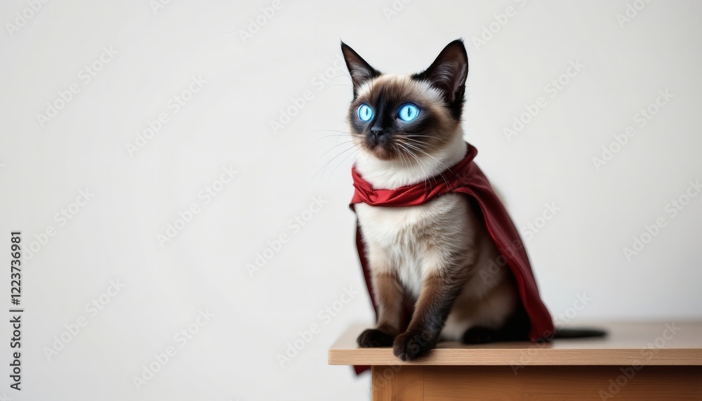 Adorable Siamese Kitten in Red Cape Superhero Costume Adorable Siamese Kitten in Red Cape Superhero Costume