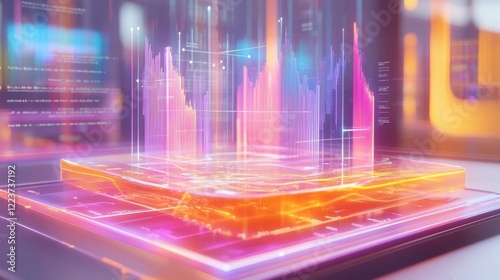 A multimedia hub showcasing layered information about digital ownership identity verification and the blockchain represented by holographic interfaces and flowing data.