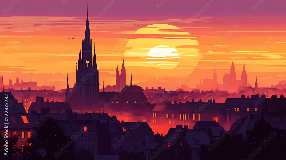 Naklejka premium Cityscape with sunset and a church spire. Twilight Spire. Illustration