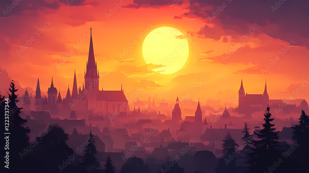 Fototapeta premium Cityscape with sunset and a church spire. Twilight Spire. Illustration