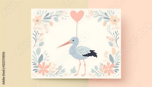 Gentle Stork with Heart Balloon: Pastel Floral Baby Announcement