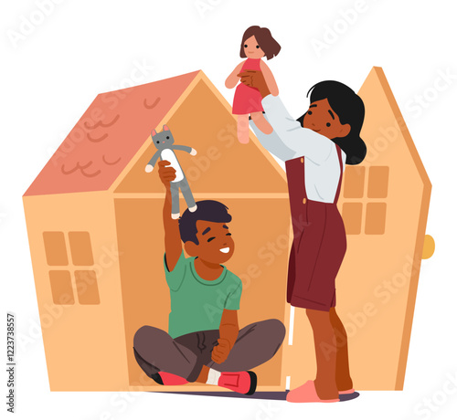 Happy preschool brother and sister playing toys and doll house enjoying innocence cartoon scene