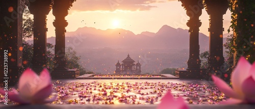 Indian Garden with Zen Meditation Area, Mandala Patterns, Lotus Petals, Incense Smoke overlooking a Small Temple at Sunset. Copy space. Generative AI 