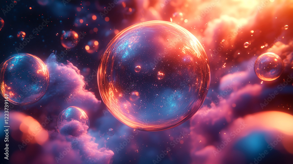 Fototapeta premium Iridescent bubbles drifting in radiant space, vibrant universes