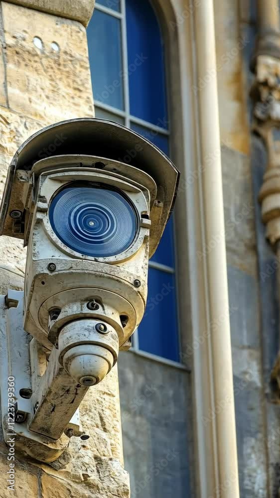 Surveillance camera mounted on a historic building capturing urban activity in daylight
