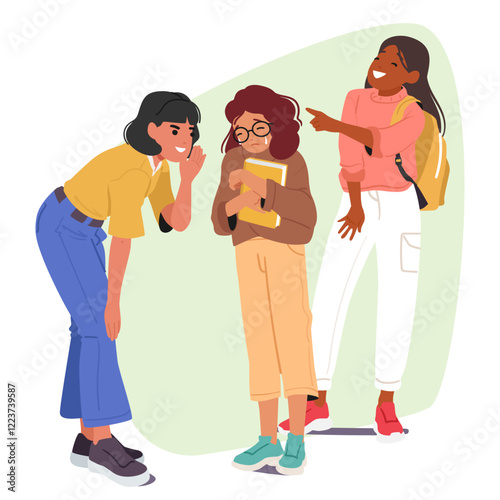 Teenage girls bullying younger female student who weeping with tears feeling stress and sadness