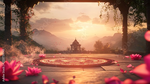 Indian Garden with Zen Meditation Area, Mandala Patterns, Lotus Petals, Incense Smoke overlooking a Small Temple at Sunset. Copy space. Generative AI 