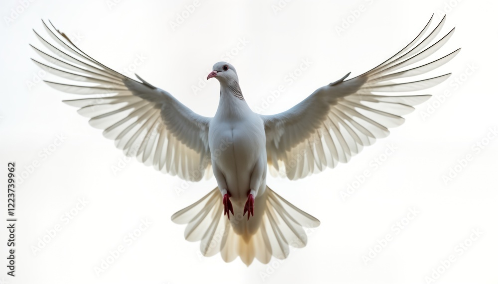 Fototapeta premium White dove flies freely in clear sky. Wings spread wide. Symbol of peace, love. Perfect image for wedding nature. Capture beauty of freedom in flight. Beautiful bird in pure sky. Majestic moment.