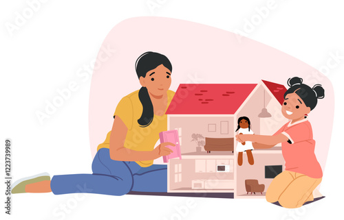 Happy mother and daughter playing with doll house spending fun time together at home scene