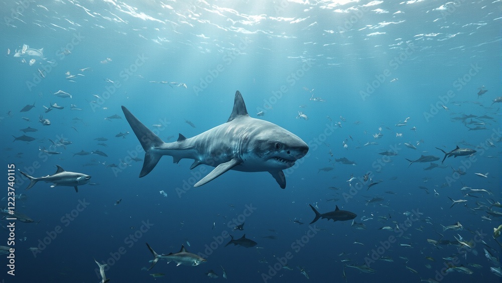 Naklejka premium Majestic great white shark gliding in open water fish fleeing in fear