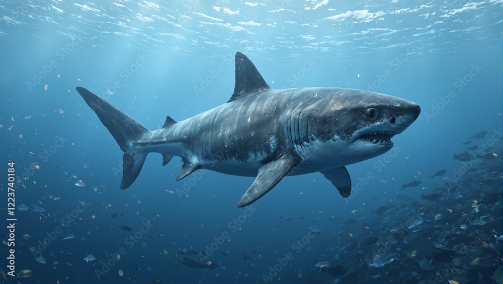 Fototapeta premium Majestic great white shark gliding in open water fish fleeing in fear