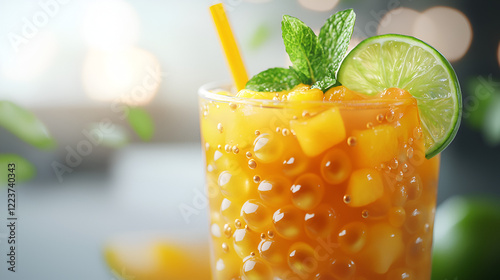 Refreshing mango drink with popping boba and lime.  Perfect summer beverage!