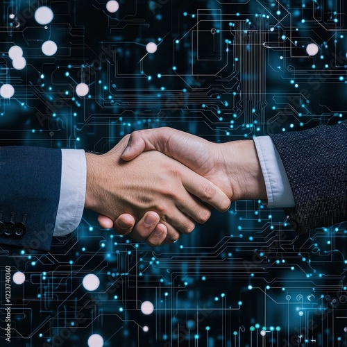 Business handshake, digital background, partnership, collaboration, tech