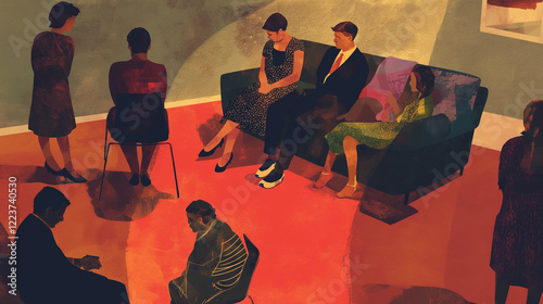 party socialising scene, vibrant colours, illustration art, textured gouache style, patterns, fashionable, trendy, cosy illustration.