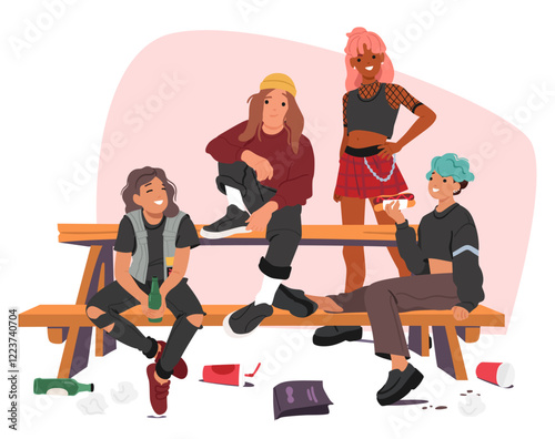 Group of hipster teenage friends eating junk food drinking unhealthy beverages on urban street