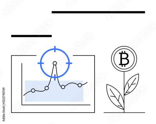 Line graph with a focus point targets profit analysis alongside a Bitcoin plant symbolizing growth. Ideal for finance, cryptocurrency, investment, growth strategies, data visualization, economic