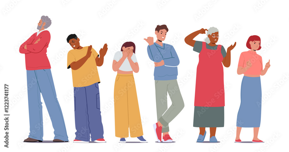 Fototapeta premium Diverse people cartoon characters showcasing negative emotion and bad mood standing in row set
