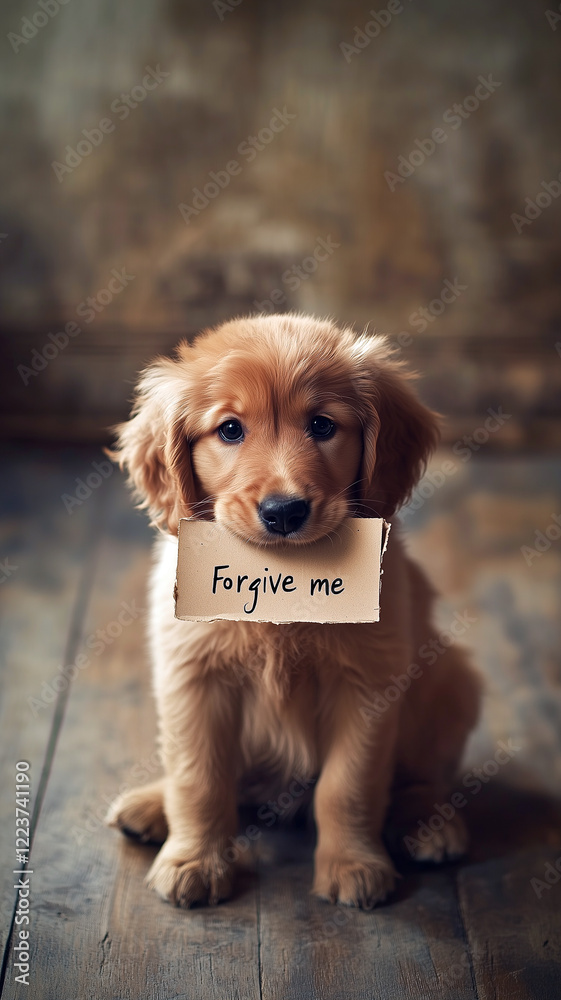 Cute golden labrador puppy with nice eyes, sitting on a wooden floor, holding a small sign in its mouth that says Cute golden labrador puppy with nice eyes, sitting on a wooden floor, holding a small sign in its mouth that says