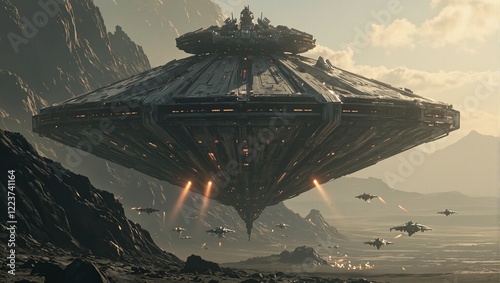 Alien mothership with energy shields descending on rocky planet surrounded by fighter ships