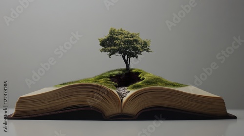 A surreal image of a book opening to reveal a miniature world emerging from its pages, representing medical knowledge and discovery, Surrealist style