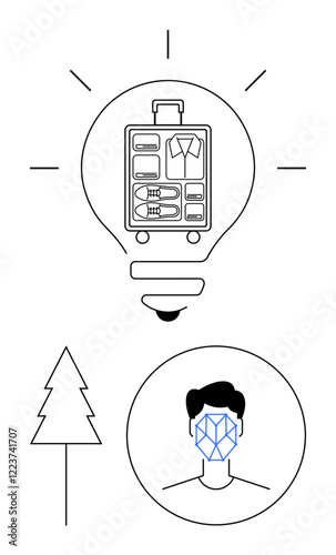 Luggage organized inside a lightbulb, facial recognition icon, and tree representing eco-conscious travel. Ideal for travel, innovation, identity, technology, sustainability, efficiency