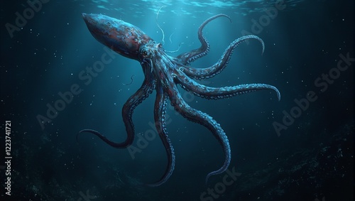 Majestic giant squid swimming in bioluminescent ocean depths photo