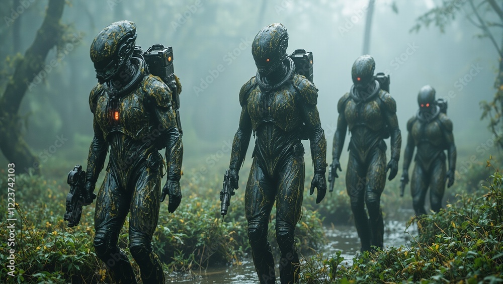Fototapeta premium Alien explorers in glowing moss covered suits navigate misty alien swamps