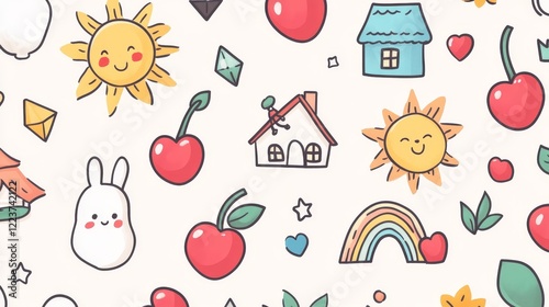 Playful doodles of cherries, a bunny, sun, dog, house, heart, ghost, rainbow, diamond, and flower. Simple, cute, and whimsical doodles on a light background. Isolated vector set.