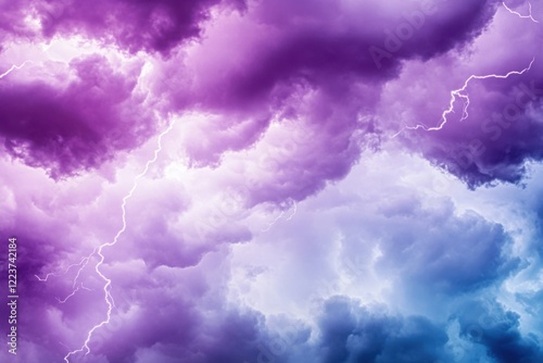 Surreal stormy sky filled with vibrant purple lightning illuminating dark violet clouds at twilight photo