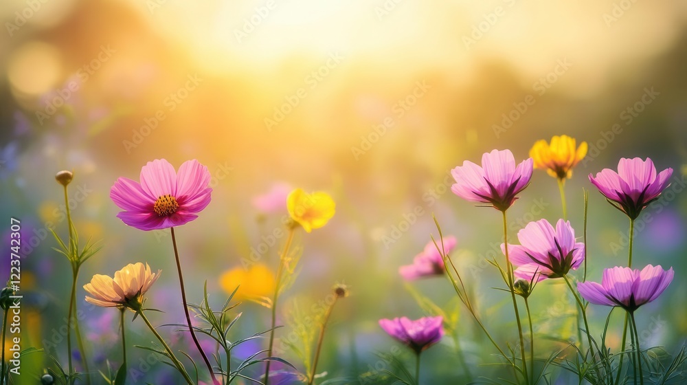 dreamy wildflower meadow at golden hour cosmos flowers swaying in soft breeze bokeh effect ethereal sunlight filtering through petals dreamy wildflower meadow at golden hour cosmos flowers swaying in soft breeze bokeh effect ethereal sunlight filtering through petals
