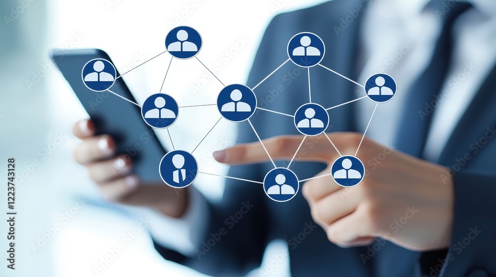 Businessperson networking, digital connections, office background, online collaboration Businessperson networking, digital connections, office background, online collaboration