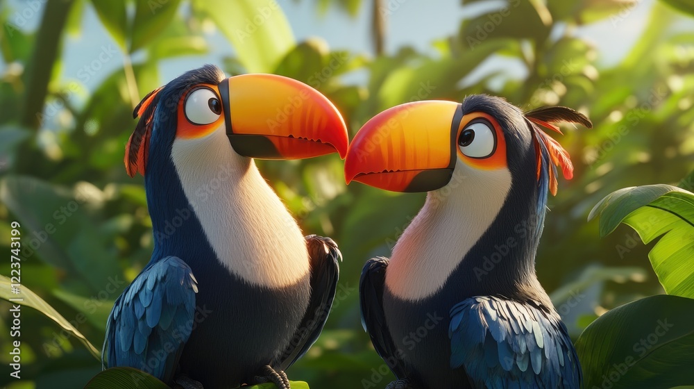 Fototapeta premium Two vibrant toucans engaging in a curious interaction amidst lush tropical foliage, showcasing nature's beauty