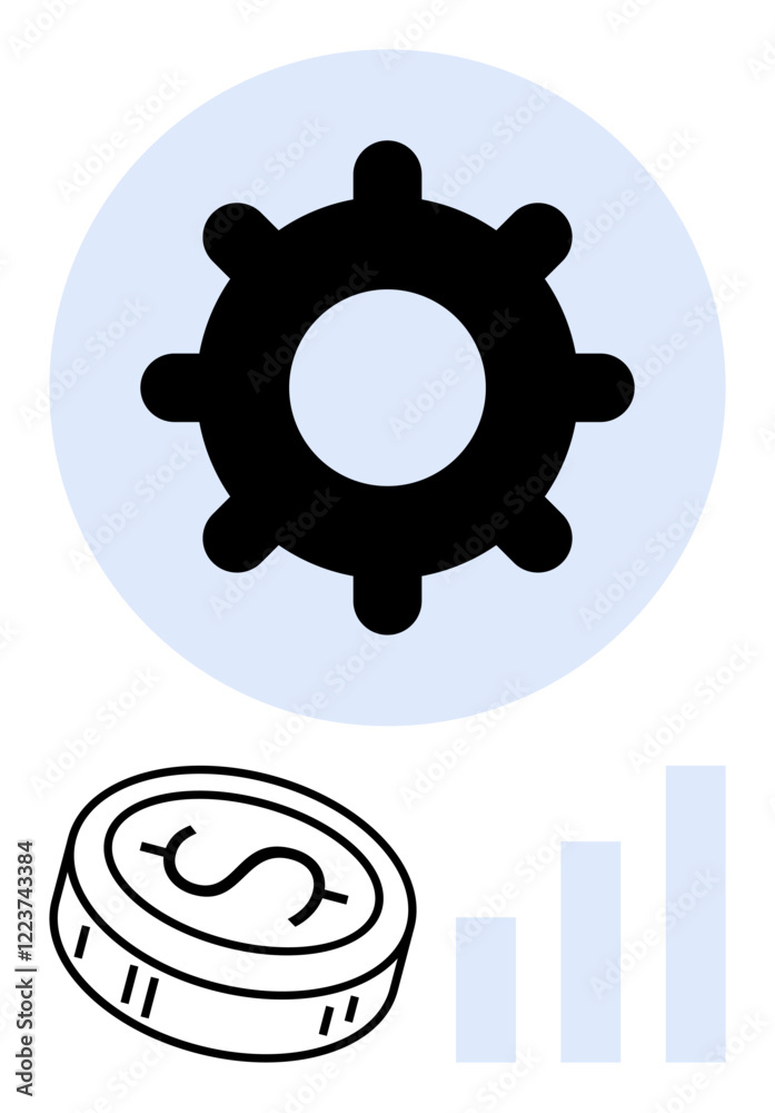 Black gear in blue circle, coin with dollar sign, vertical bar graph in blue. Ideal for business, finance, efficiency, strategies, economic growth investments productivity. Line metaphor Black gear in blue circle, coin with dollar sign, vertical bar graph in blue. Ideal for business, finance, efficiency, strategies, economic growth investments productivity. Line metaphor
