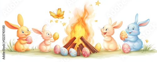 Adorable rabbits gathered around campfire with decorated Easter eggs in festive spring setting