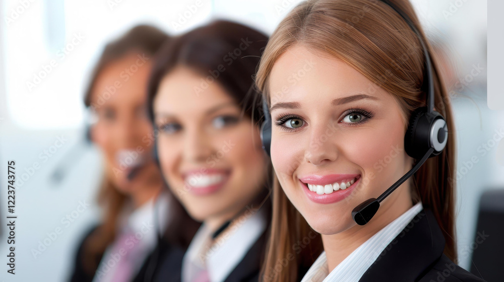 A dedicated female call center worker smiles brightly while collaborating with her supportive team, enhancing customer satisfaction. A dedicated female call center worker smiles brightly while collaborating with her supportive team, enhancing customer satisfaction.