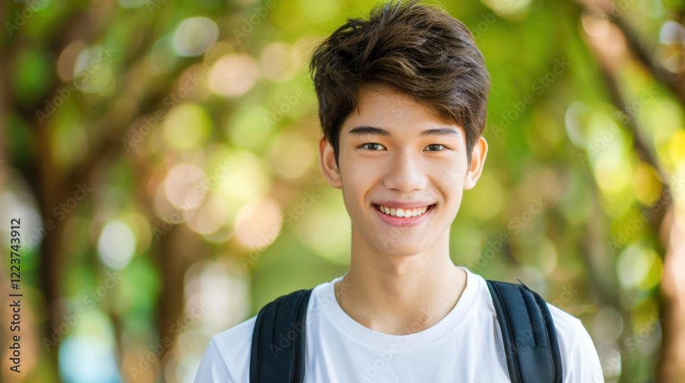 A cheerful young male college student strolls across campus, backpack slung over one shoulder, enjoying the vibrant atmosphere. A cheerful young male college student strolls across campus, backpack slung over one shoulder, enjoying the vibrant atmosphere.