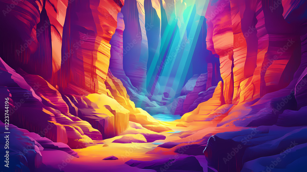Fototapeta premium A vibrant canyon with light beams illuminating the colorful rock formations. Vibrant Canyon. Illustration