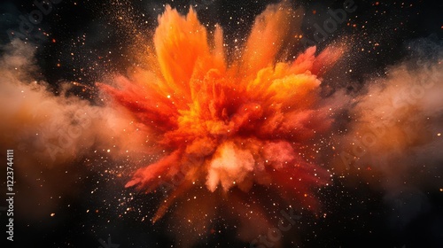 dynamic explosion with billowing orange and red flames against black background capturing splitsecond of intense energy release with intricate smoke details photo