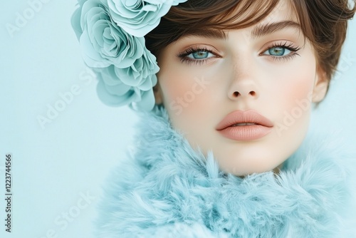 Fashion editorial showcasing a model in a powder blue fur coat with floral details and minimalistic accessories against a soft pastel background photo