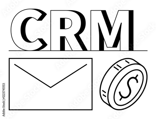 CRM text accompanied by an envelope and coin icon, symbolizing communication, customer management, and financial progress. Ideal for CRM tools, marketing, business strategy, sales, customer