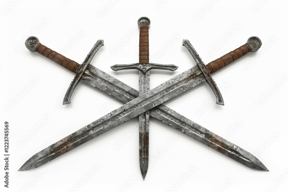 Three intricately designed swords arranged in an artistic display against a clean, white backdrop showcasing their unique craftsmanship and history isolated on transparent background Three intricately designed swords arranged in an artistic display against a clean, white backdrop showcasing their unique craftsmanship and history isolated on transparent background