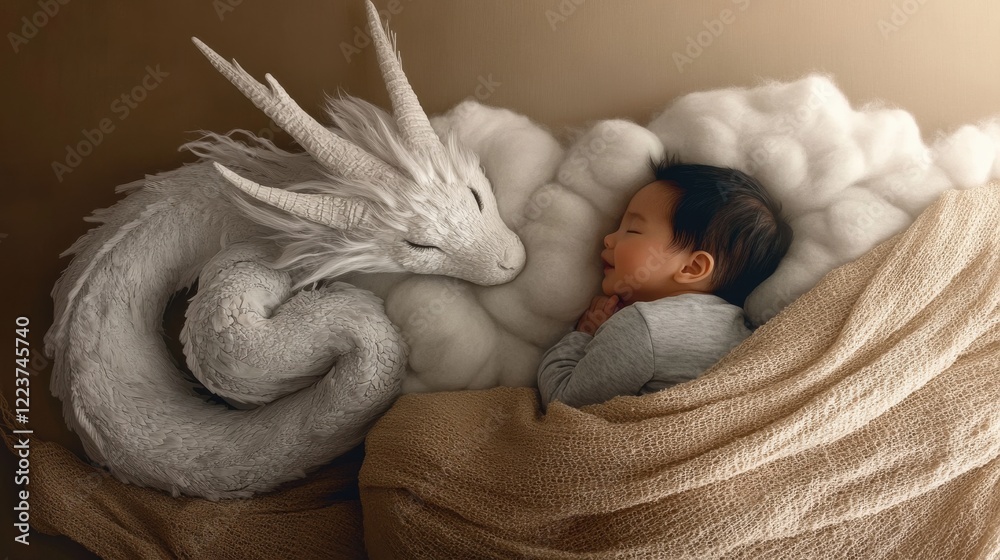 A peaceful scene of a young child sleeping soundly beside a whimsical white dragon, illustrating the magic of childhood imagination and dreams of mentorship. A peaceful scene of a young child sleeping soundly beside a whimsical white dragon, illustrating the magic of childhood imagination and dreams of mentorship.