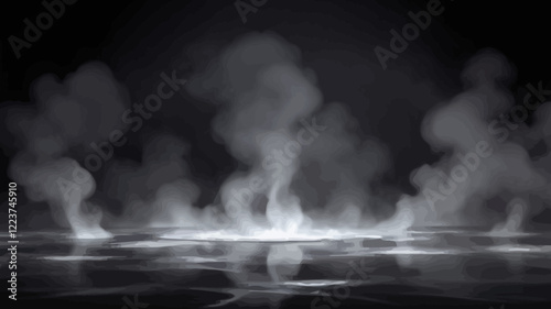 Water surface with magic neon glow from inside and smoke on top. Mystery dark background with spooky white light from underwater and fog. Realistic 3d night vector illustration with flare and steam.