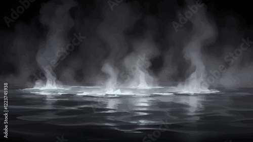 Water surface with magic neon glow from inside and smoke on top. Mystery dark background with spooky white light from underwater and fog. Realistic 3d night vector illustration with flare and steam.