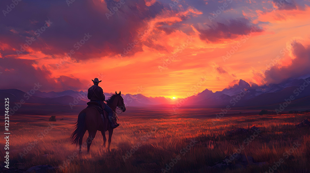 Cowboy on horseback riding across an open field at sunset with distant mountains as a backdrop Cowboy on horseback riding across an open field at sunset with distant mountains as a backdrop