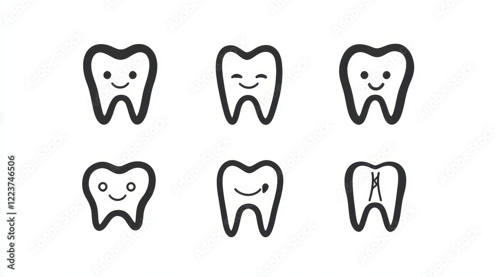 Tooth or teeth icons for dentistry clinic, toothpaste and dental mouthwash. Vector outline healthy tooth or teeth icons Tooth or teeth icons for dentistry clinic, toothpaste and dental mouthwash. Vector outline healthy tooth or teeth icons