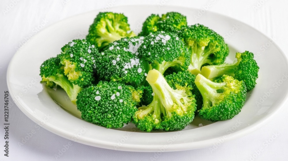 A clean and simple plate of freshly steamed broccoli, lightly seasoned with sea salt, neatly arranged on a plain white plate A clean and simple plate of freshly steamed broccoli, lightly seasoned with sea salt, neatly arranged on a plain white plate